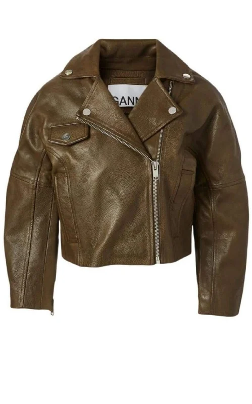 sustainable eco-friendly coat for women -Leather Cropped Biker Jacket