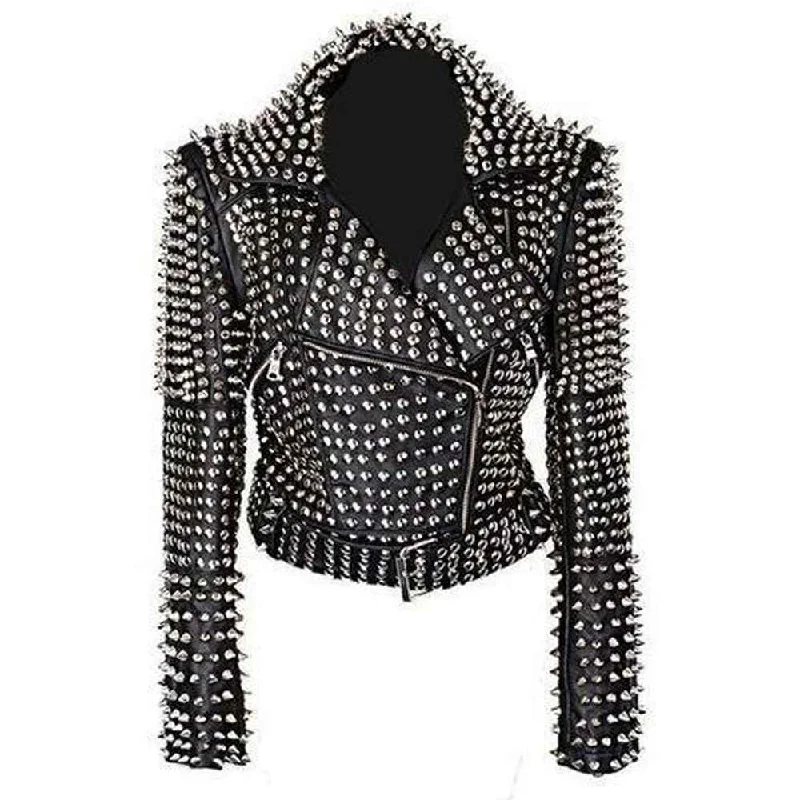 ladies' long hooded winter coat -Spiked Heavy Metal Studded Punk Leather Jacket