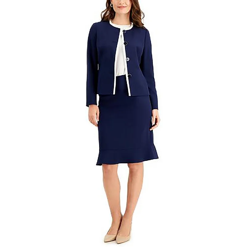 sleek minimalist coat for women -Le Suit Womens Contrast Trim Business Collarless Blazer