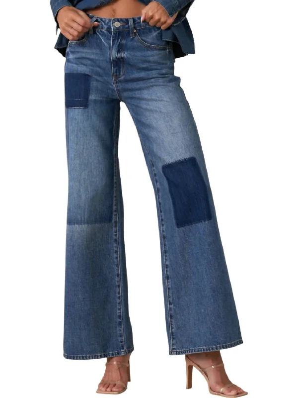 women's plus-size skinny jeans -Relaxed Wide Leg Patchwork Jeans In Blue