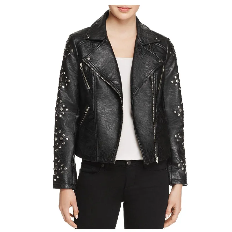 soft touch sherpa coat for women -Women Pin Studded Biker Leather Jacket Black