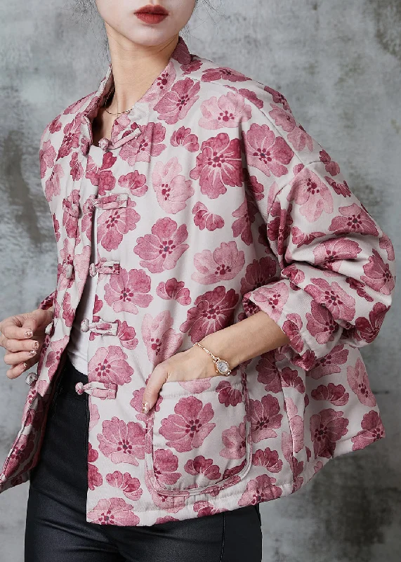 chic oversized blazer for women -Vintage Pink Print Fine Cotton Filled Oriental Coats Spring