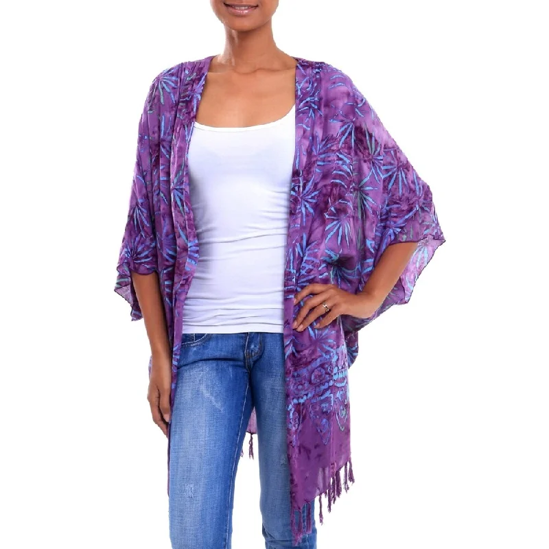 women's thermal long coat -Handmade Denpasar Lady in Wisteria Batik Rayon Kimono Jacket (Indonesia)