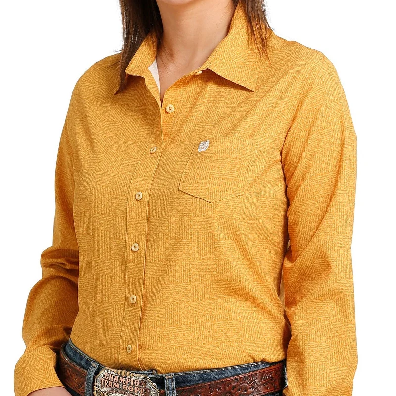 women's tie-front short sleeve top -Cinch Women's L/S Mustard Tile Arenaflex Button Down Western Shirt