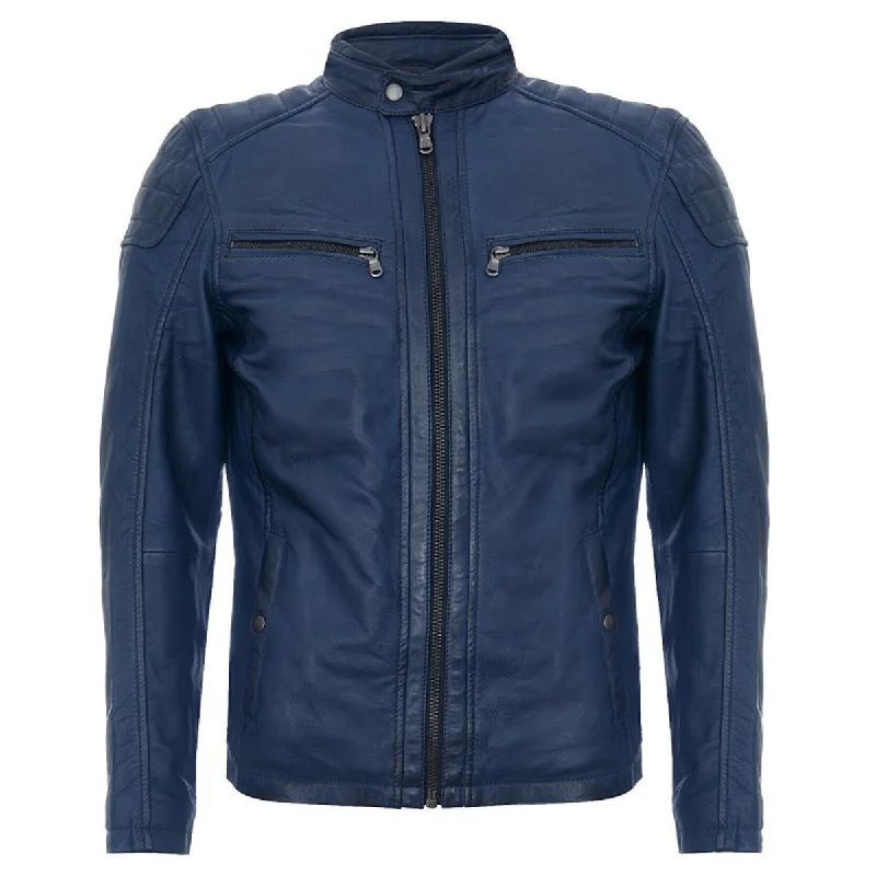 winter-ready faux shearling jacket for women -Men Soft Blue Leather Motorcycle Jacket