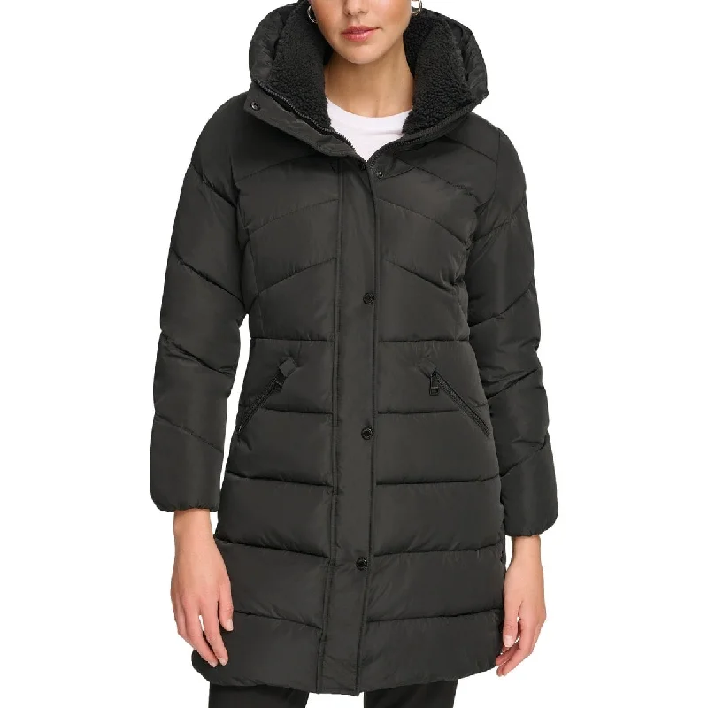 ladies' quilted coat -Calvin Klein Womens Hooded Stretch Puffer Coat with Faux Sherpa Collar Black - Size XXL