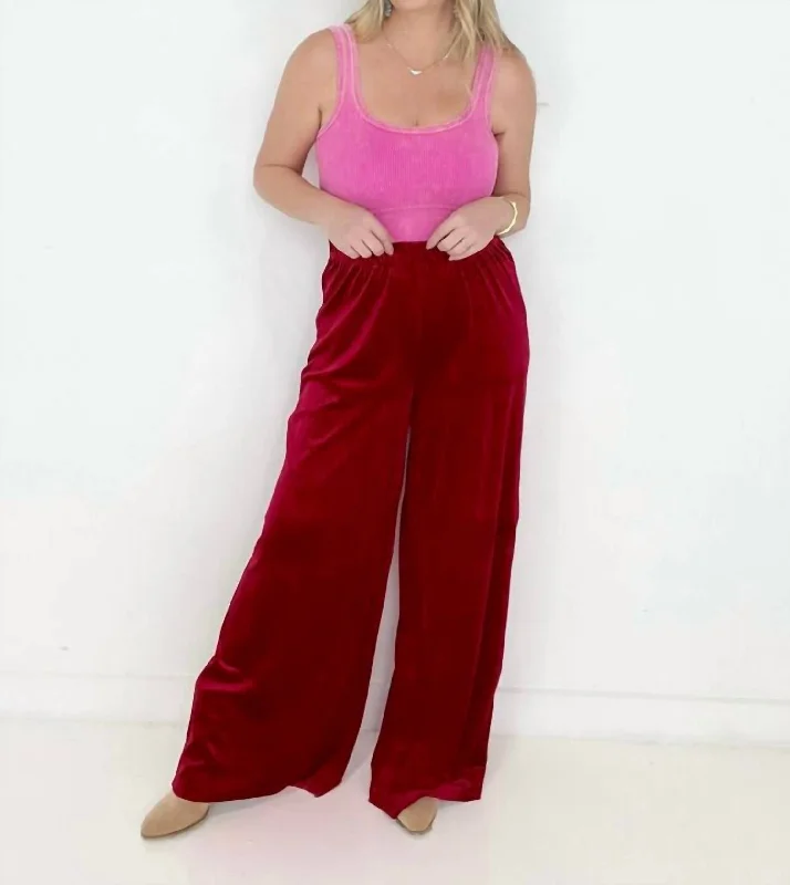 trendy cropped flare jeans for ladies -Velvet Wide Leg Pants In Red