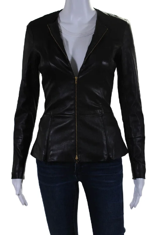 sustainable eco-friendly coat for women -The Row Womens Long Sleeve Front Zip Crew Neck Leather Jacket Black