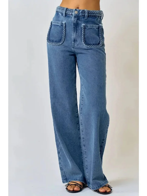 women's fold hem relaxed jeans -Straight Leg Braid Jean In Medium Wash