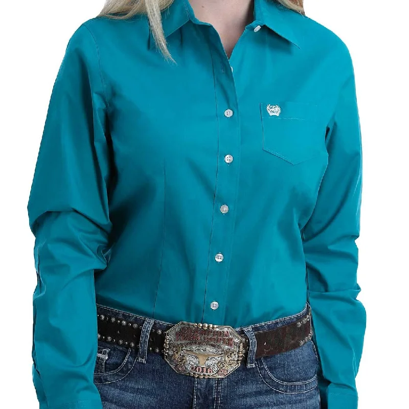 lightweight short sleeve blouse for women -Cinch Women's L/S Solid Teal Western Button Down Shirt