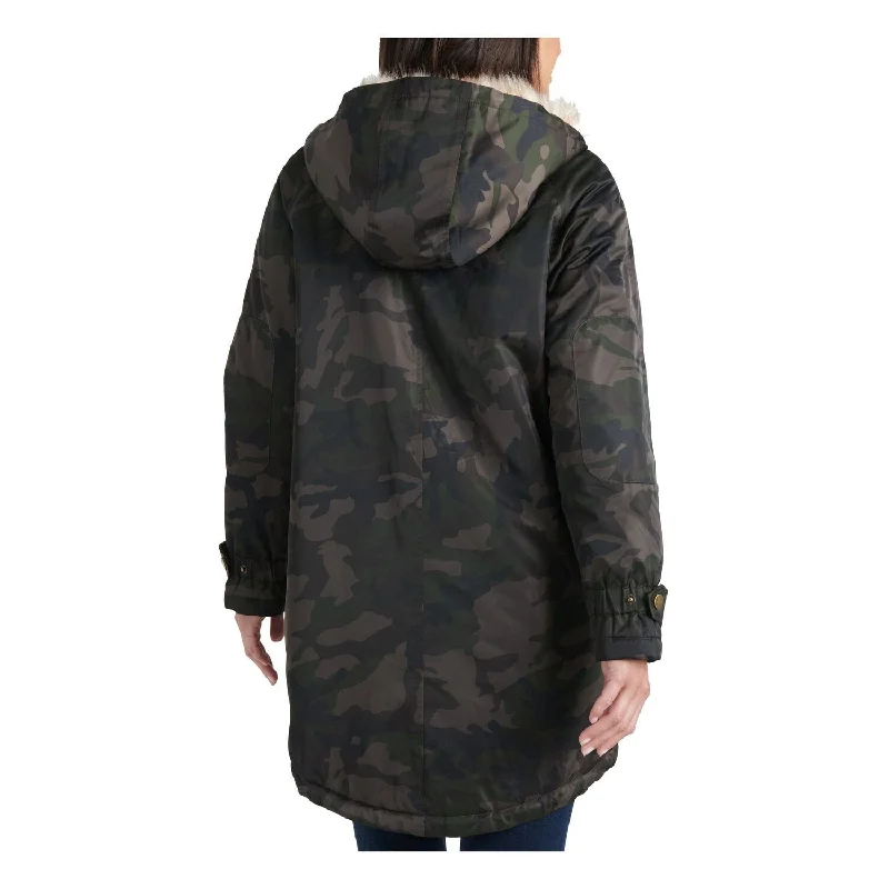 warm shearling coat for women -Lucky Brand Women's Camo Print Faux Trim Coat Green Size X-Small