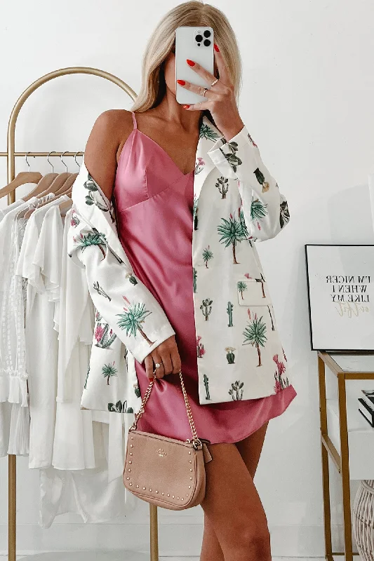 chic oversized blazer for women -Take Only Memories Cactus Print Blazer (Cream Multi)