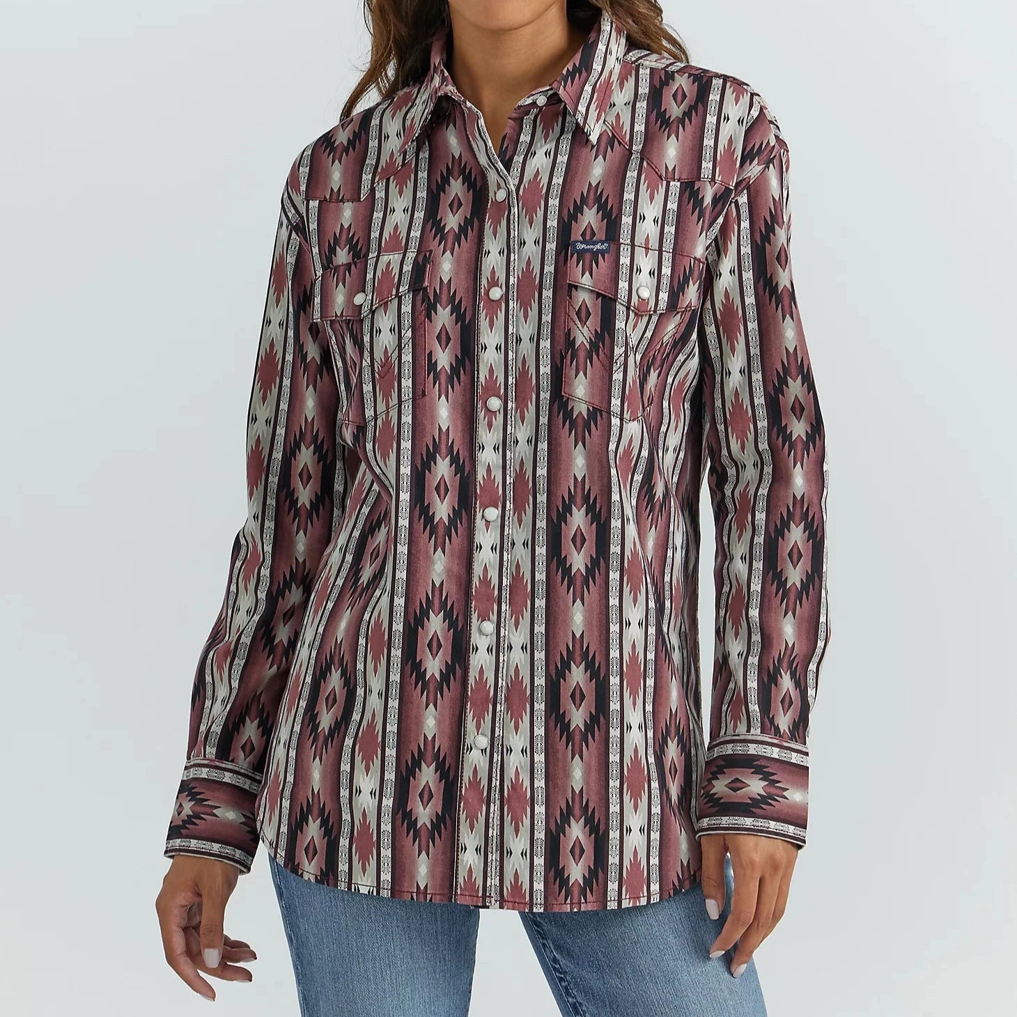 women's cotton short sleeve top -Wrangler Retro Women's L/S Checotah Boyfriend Western Snap Shirt in Burgundy