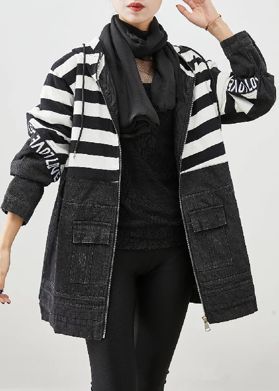 women's long trench coat -Plus Size Black Hooded Patchwork Striped Fine Cotton Filled Denim Jacket Witner