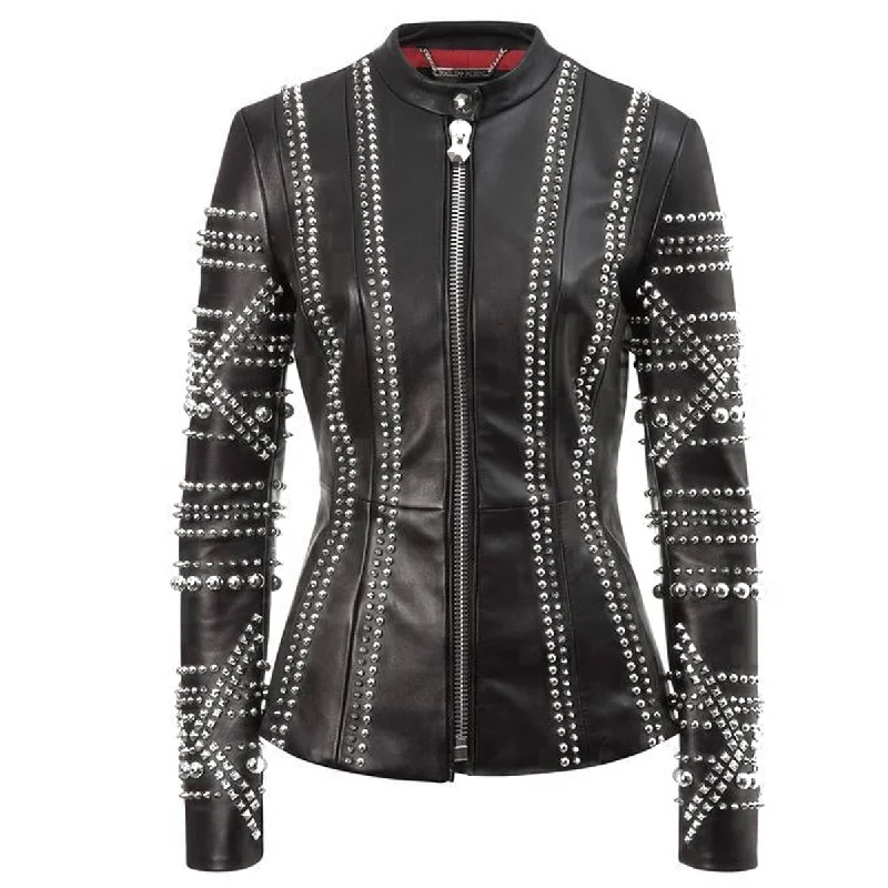 military-style coat for women -Studded Leather Black Fashion Jacket