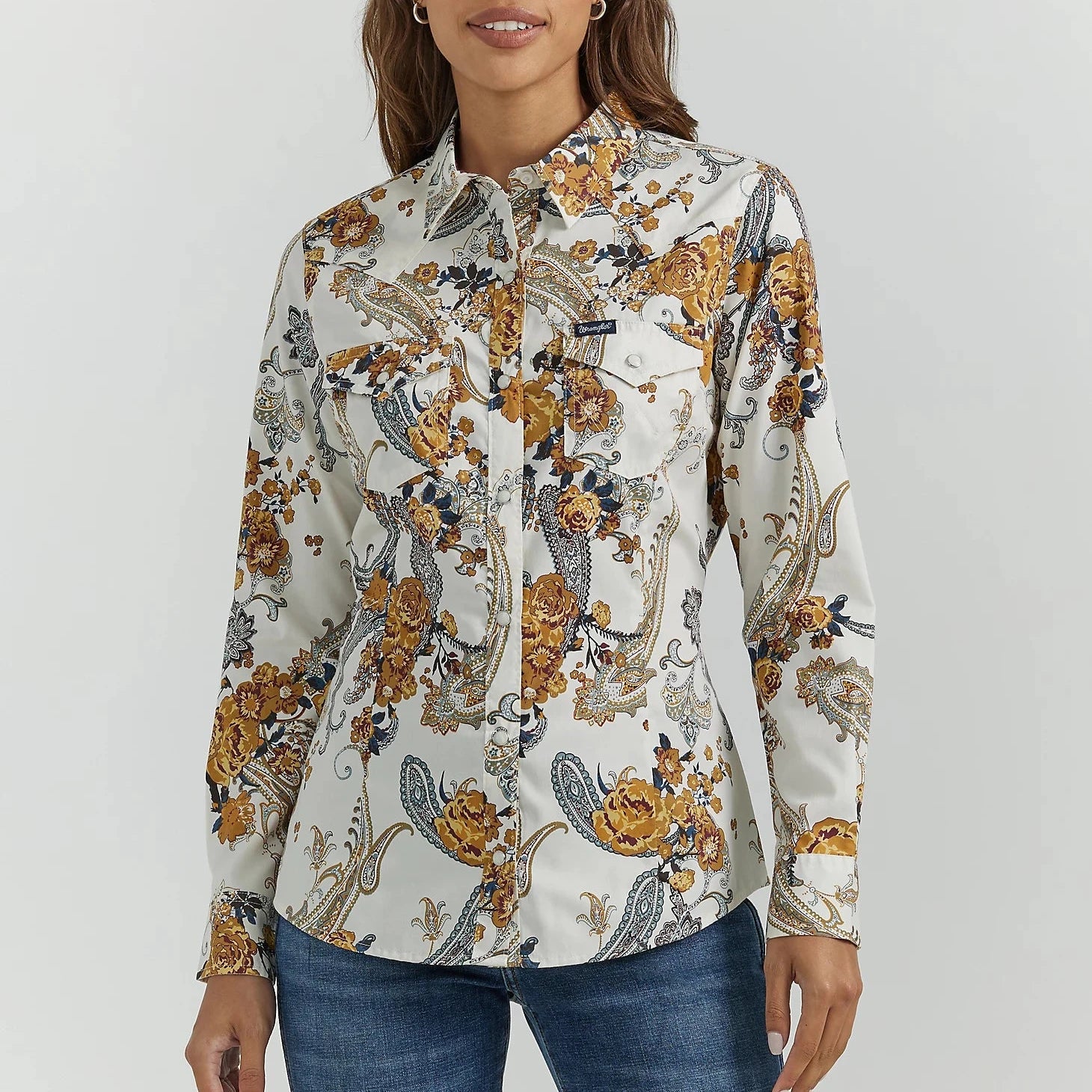 women's sporty short sleeve t-shirt -Wrangler Retro Women's L/S All Occasion Floral Paisley Western Snap Shirt in White