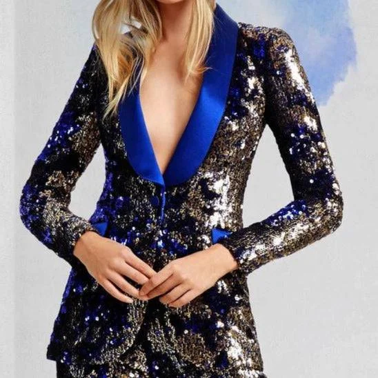 women's elegant cape coat -Eleanor Metallic Sequined Classic Pant Suit