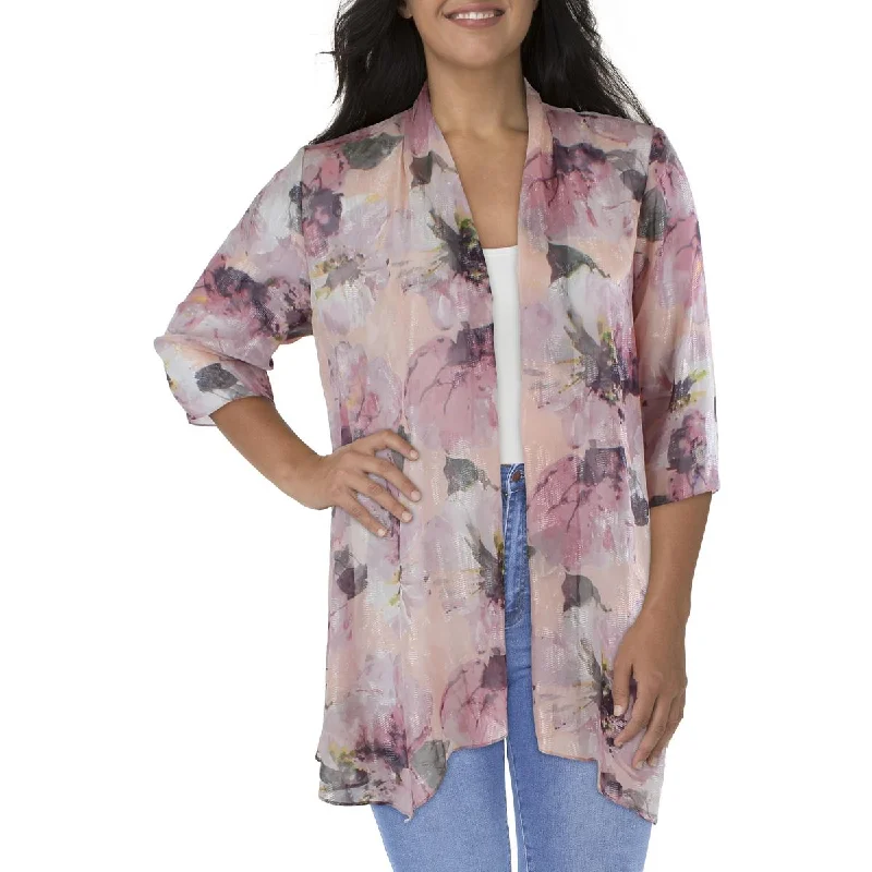 oversized women's coat -R&M Richards Womens Plus Chiffon Floral Duster Blazer