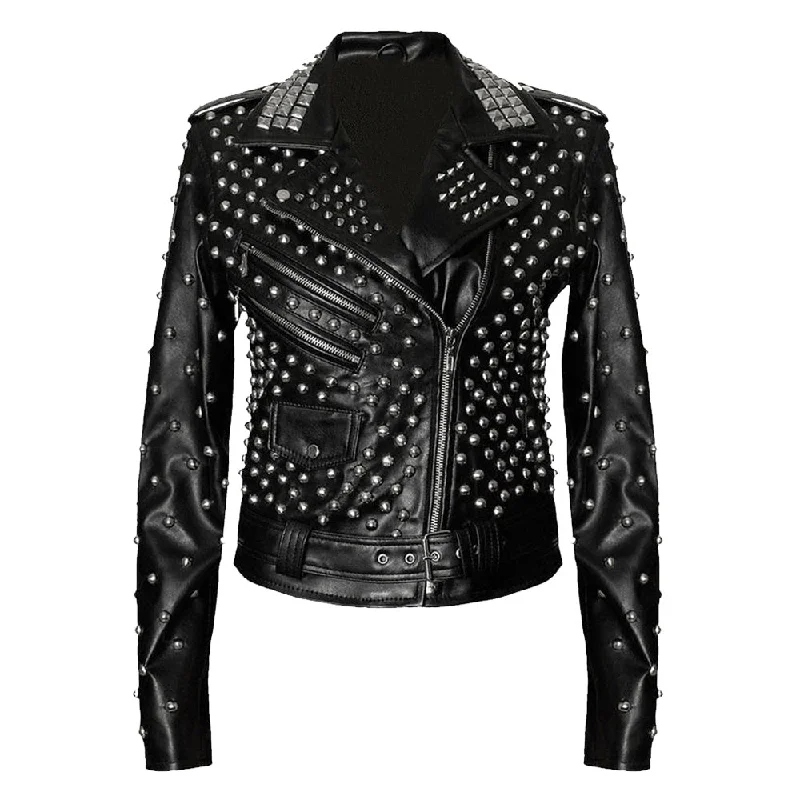 women's varsity bomber jacket -Women Black Brando Leather Jacket With Silver Studs