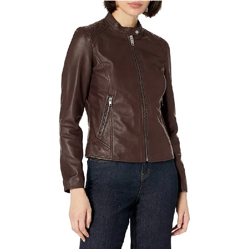 sleek satin bomber jacket for women -Marc New York By Andrew Marc Women's Stand-Collar Quilted-Shoulder Leather Moto Jacket Brown Size Small