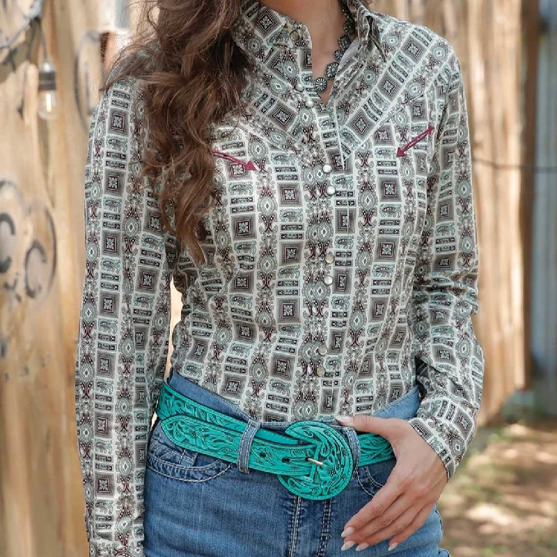 lightweight linen short sleeve tops for women -Cruel Women's L/S Geometric Paisley Western Snap Shirt in Cream