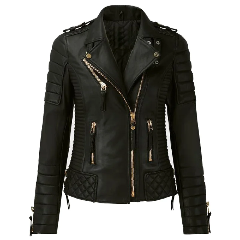 women's relaxed boyfriend blazer -Women Motorcycle Classic Fashion Golden Zipper Leather Jacket