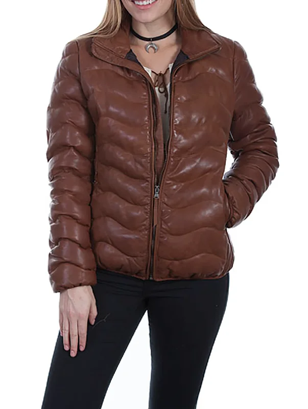 classic women's wool coat -Ribbed Leather Puffer Jacket in Cognac