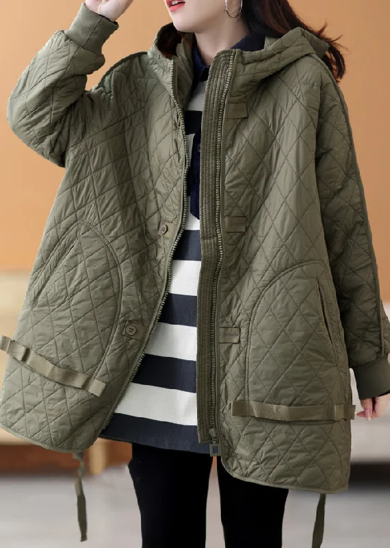 versatile trench coat for ladies -Loose Army Green Hooded Pockets Cotton Filled Parka Winter