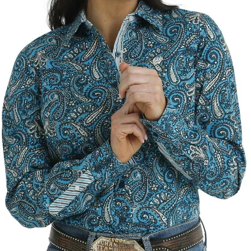 women's draped short sleeve tunic -Cinch Women's L/S Blue Paisley Western Button Down Shirt