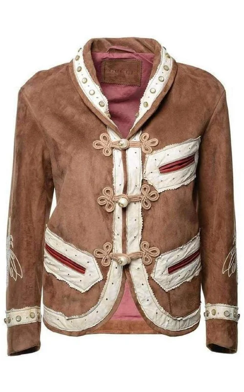 women's reversible coat -Brown Suede Embroidered Jacket