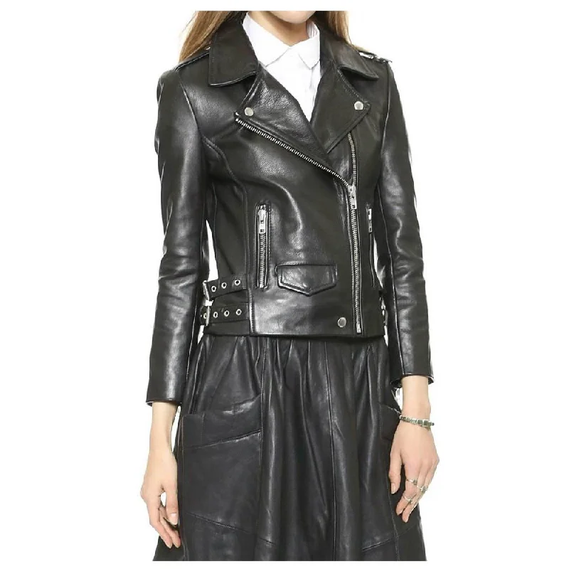 ladies' fleece zip-up jacket -WOMEN GENUINE LAMBSKIN LEATHER BIKER JACKET BLACK ZIPPER BIKER JACKET