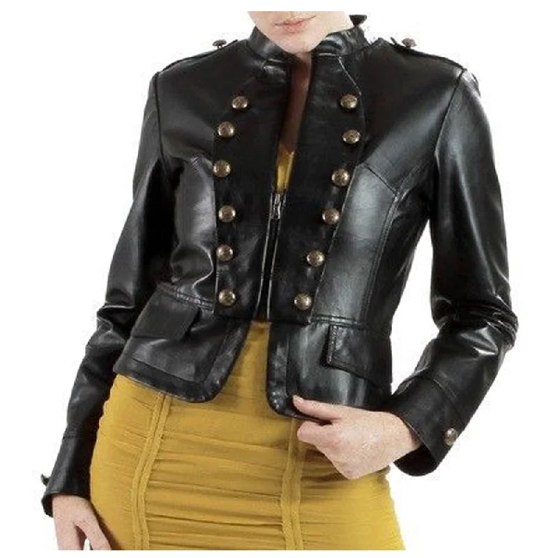 sleek minimalist coat for women -Women Short Body Military Lambskin Leather Jacket