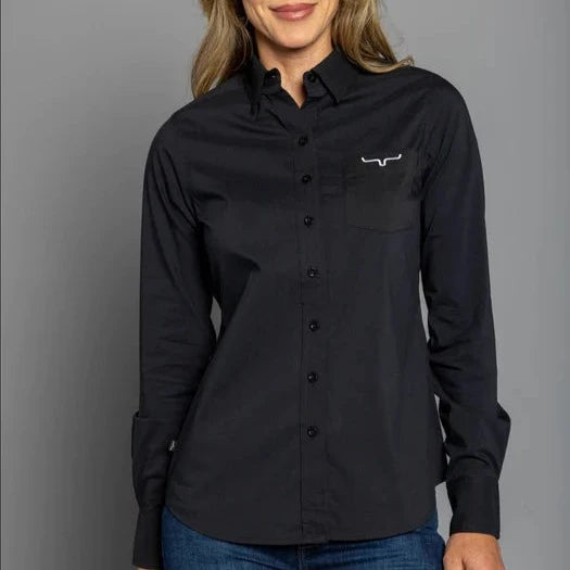 women's cute peplum short sleeve blouse -Kimes Ranch Women's Button Down Team Shirt in Black