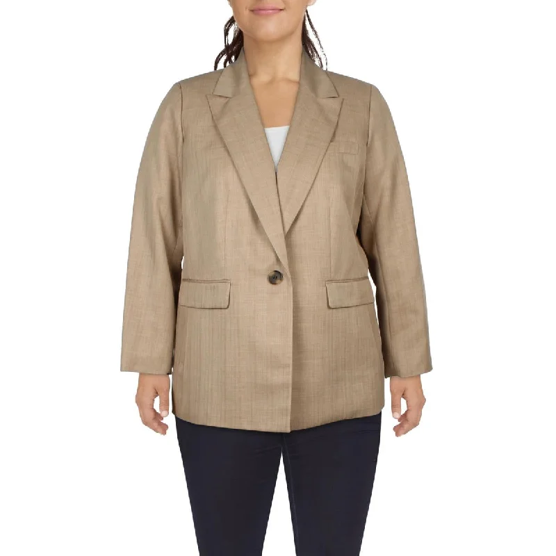 ladies' fur-lined jacket -Le Suit Womens Plus Striped  One-Button Blazer