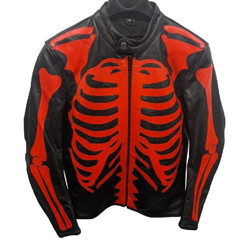 women's travel-friendly jacket -Skeleton Bones Red on Black Leather Jacket