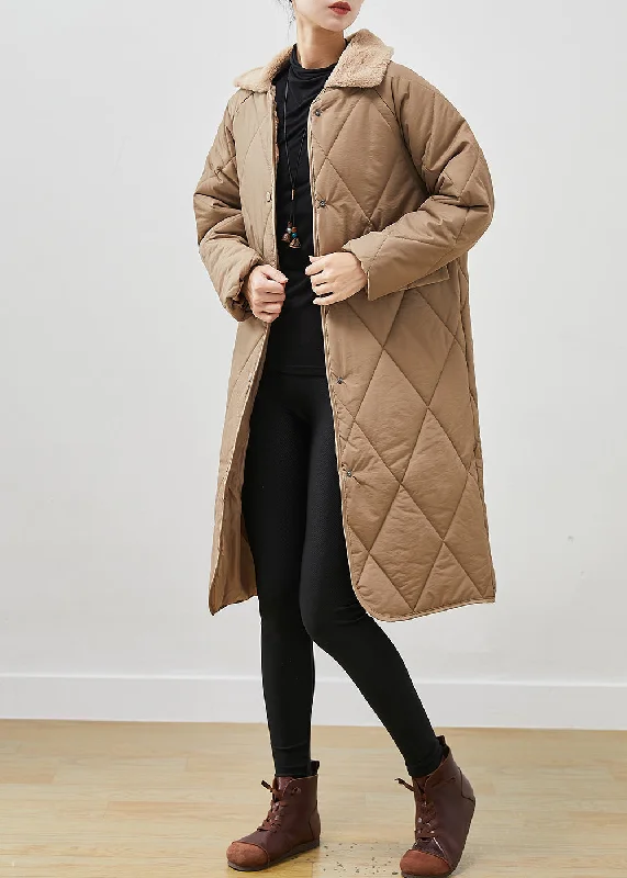 women's faux fur-lined parka -Loose Khaki Peter Pan Collar Pockets Duck Down Puffers Jackets Winter