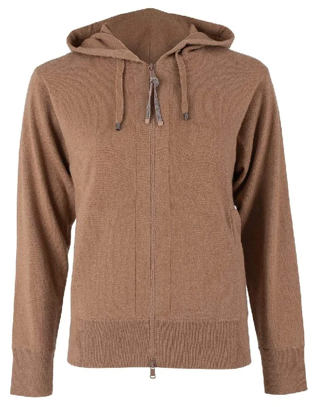 warm down coat for women -Caramel Cashmere Ribbed Monili Tab Zip Front Jacket