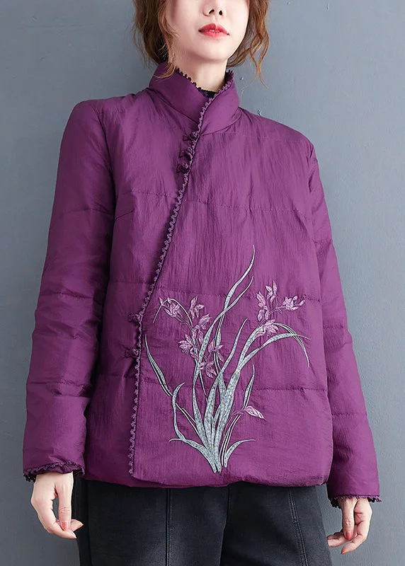 luxury faux fur coat for women -Purple Fine Cotton Filled Jackets Embroideried Stand Collar Winter