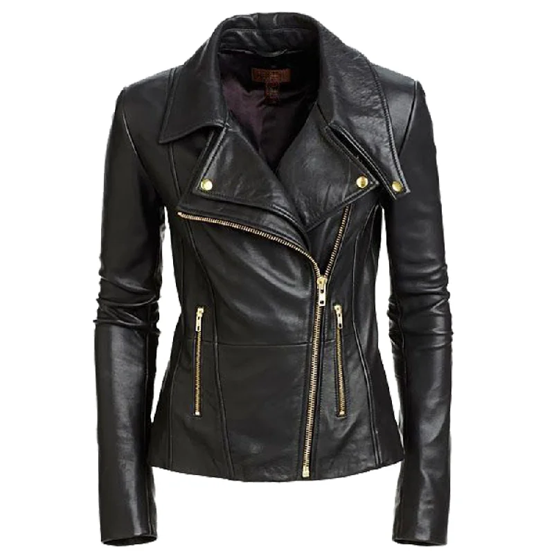 women's belted trench coat -Women Motorcycle Rider Golden Button Black Leather Jacket