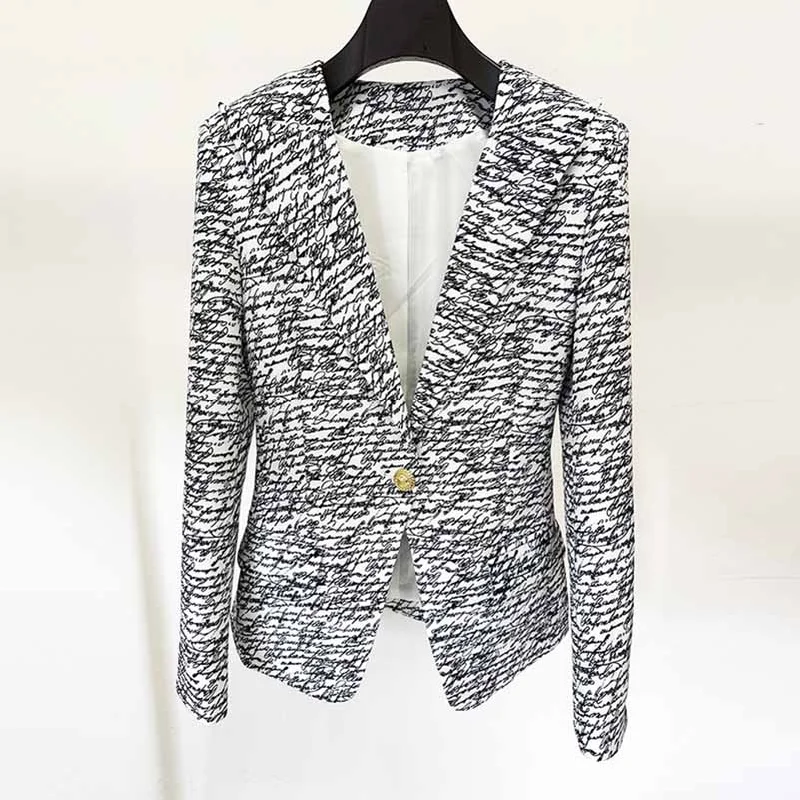 structured blazer jacket for women -Love Letter-Print 1-button Jacket Collarless Blazer