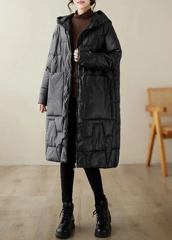 ladies' cashmere overcoat -Black Pockets Fine Cotton Filled Coats Hooded Zippered Winter