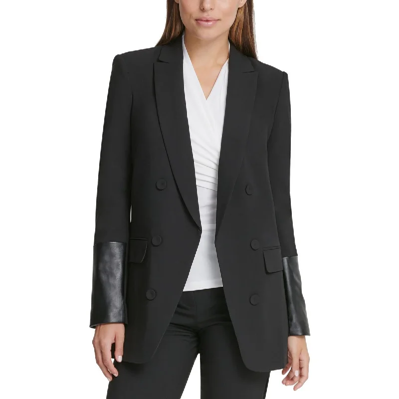 ladies' sporty windbreaker -DKNY Womens Petites Faux Leather Trim Special Evening Double-Breasted Blazer