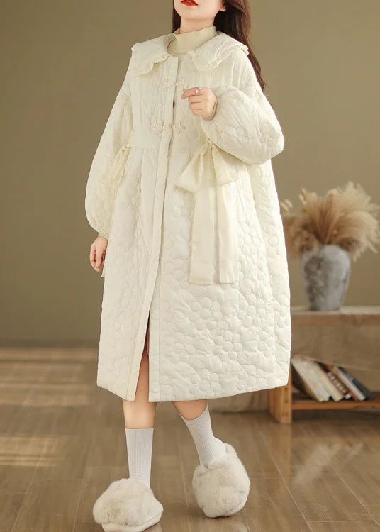 lightweight packable jacket for women -Cute Beige Peter Pan Collar Fine Cotton Filled Coat Lantern Sleeve