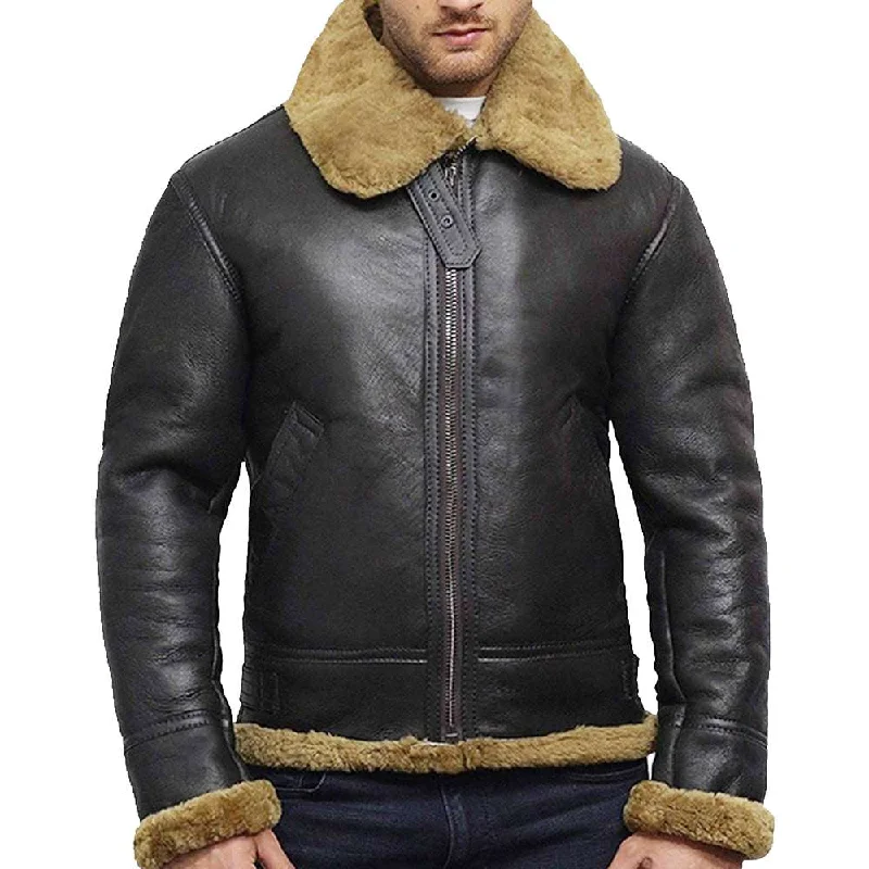 women's mid-length wool coat -Men B3 Vintage Black World War Aviator Shearling Bomber Leather Jacket