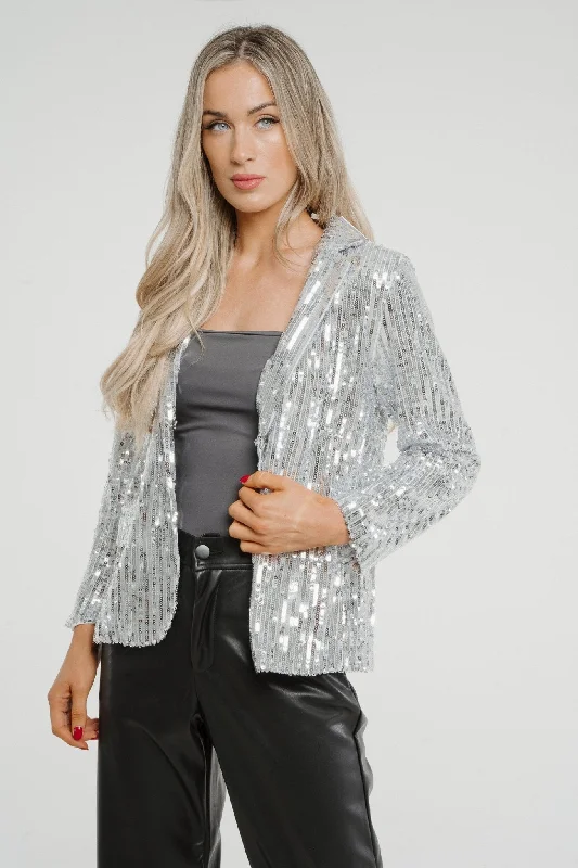 women's asymmetrical zip jacket -Jane Sequin Blazer In Silver