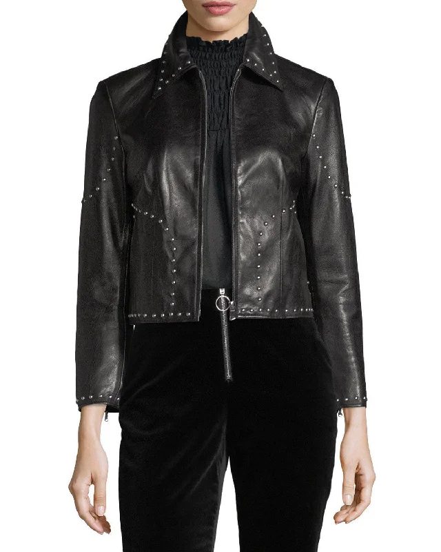 zip-up casual anorak jacket for women -Stylish Studded Cropped Front Zip Women's Genuine Lambskin Leather biker Jacket