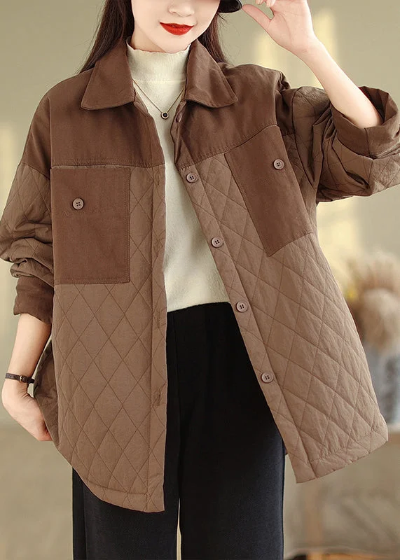 stylish fleece-lined coat for women -Plus Size Coffee Oversized Patchwork Fine Cotton Filled Jacket Winter