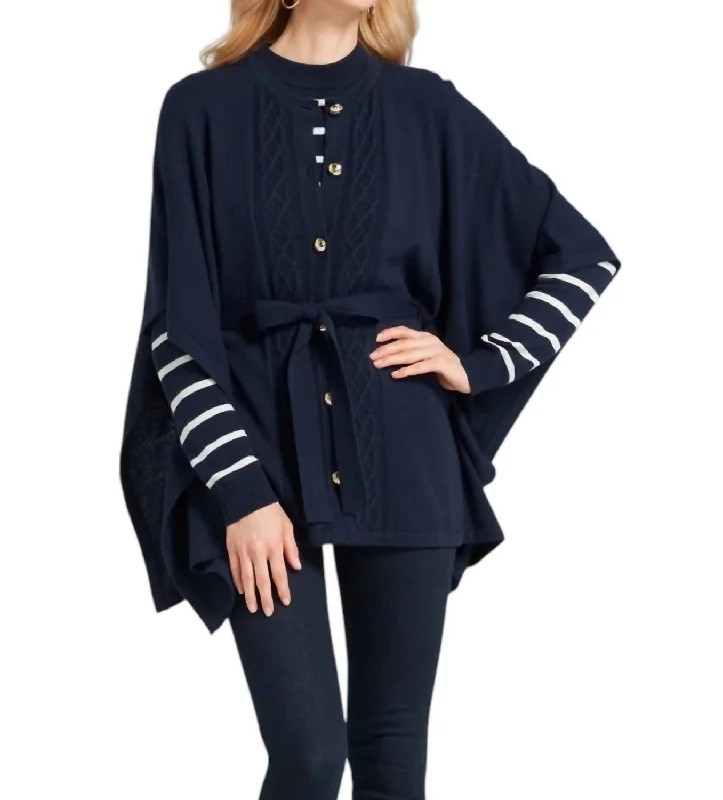 casual linen jacket for women -Cable Knit Sweater Cape In Nassau Navy