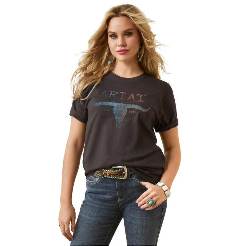 trendy split hem short sleeve top -Ariat Women's Patina Steer Tee, Washed Black