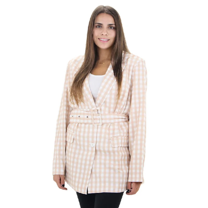 ladies' long hooded winter coat -Women's Plaid Belted Blazer,Beige/White